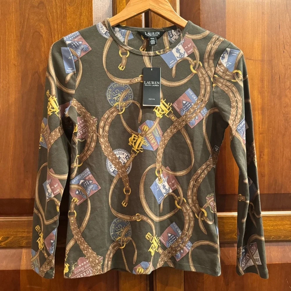 NWT LAUREN RALPH LAUREN Belting-Print Long-Sleeve Cotton Tee Size PM - Picture 3 of 13